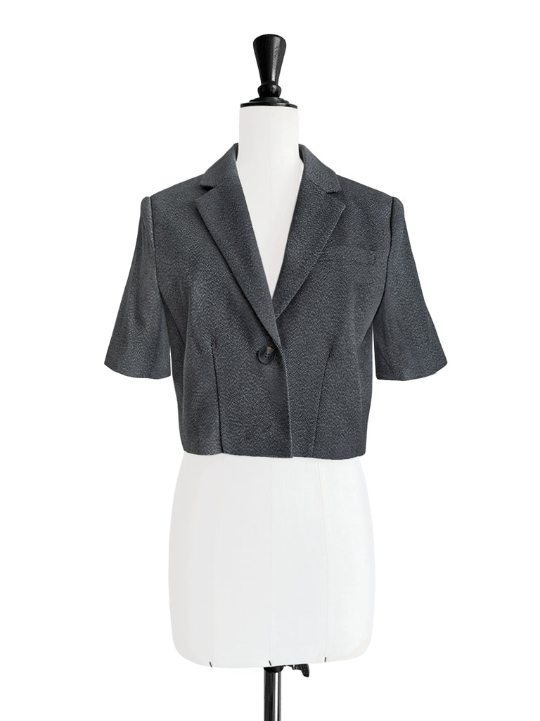 黑色荷葉邊細部強肩短版牛仔西裝外套