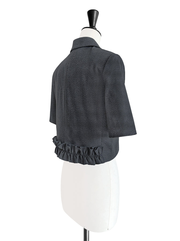 黑色荷葉邊細部強肩短版牛仔西裝外套