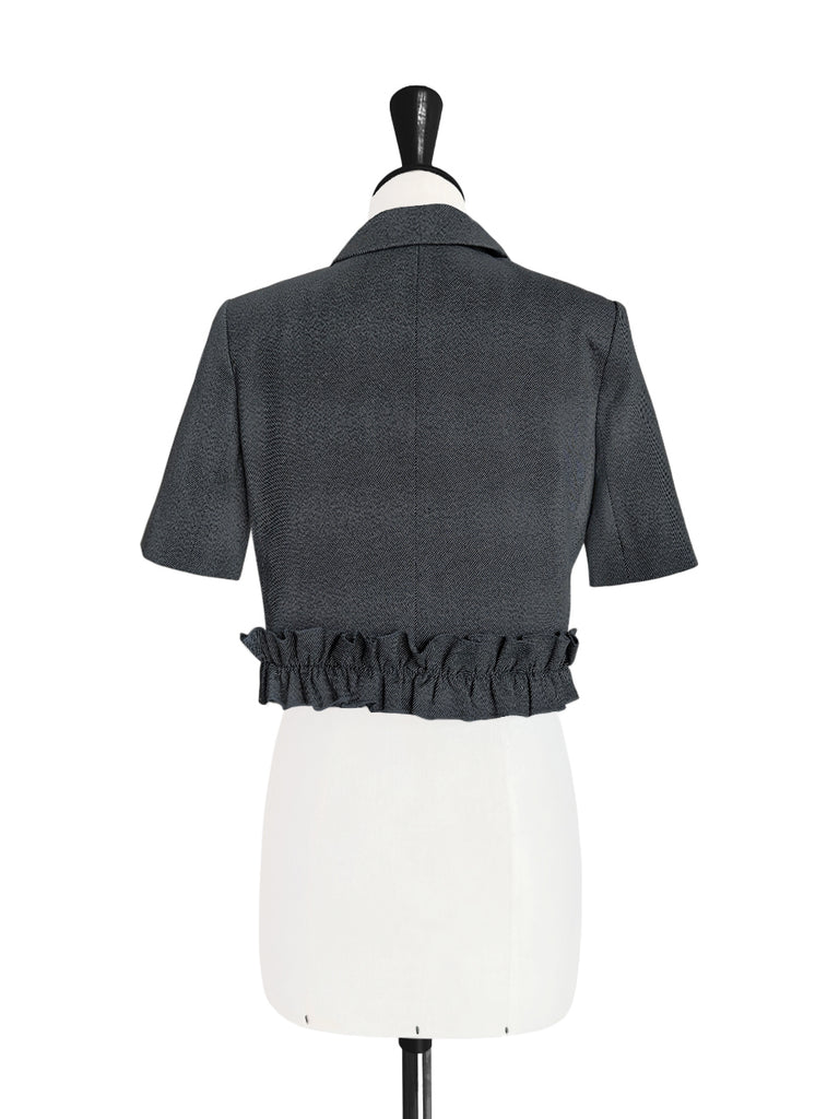 黑色荷葉邊細部強肩短版牛仔西裝外套