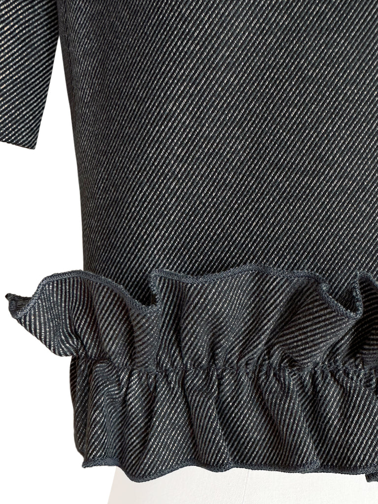 黑色荷葉邊細部強肩短版牛仔西裝外套