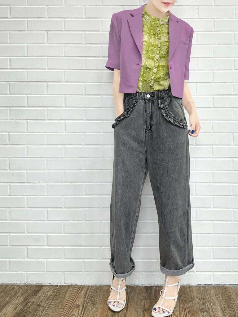 柔和紫色荷葉邊細部強肩短版西裝外套