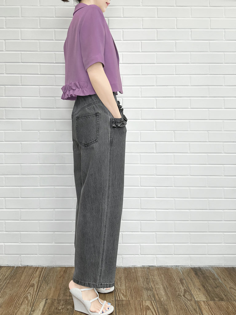 柔和紫色荷葉邊細部強肩短版西裝外套