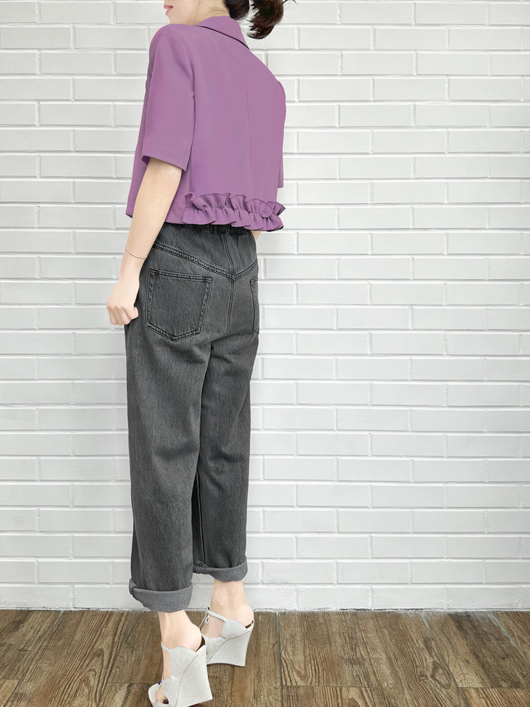 柔和紫色荷葉邊細部強肩短版西裝外套