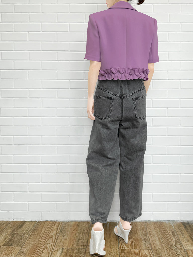 柔和紫色荷葉邊細部強肩短版西裝外套