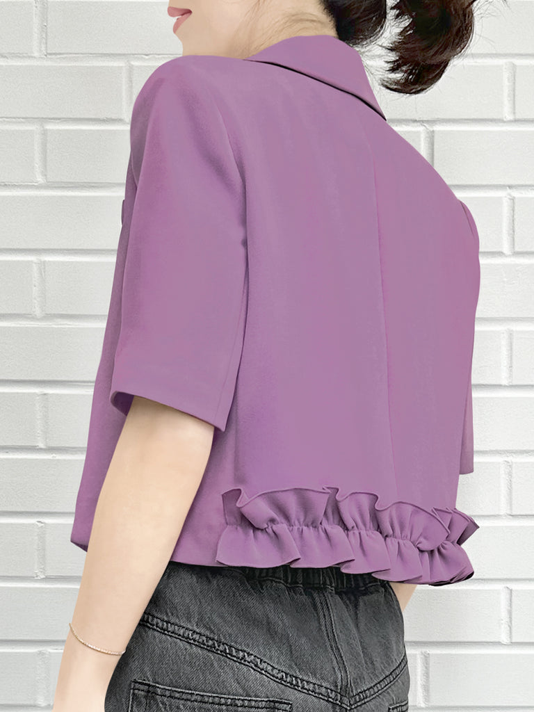 柔和紫色荷葉邊細部強肩短版西裝外套