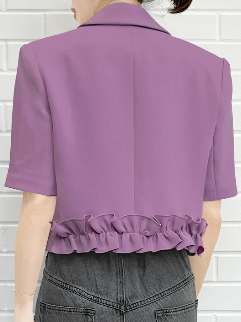 柔和紫色荷葉邊細部強肩短版西裝外套