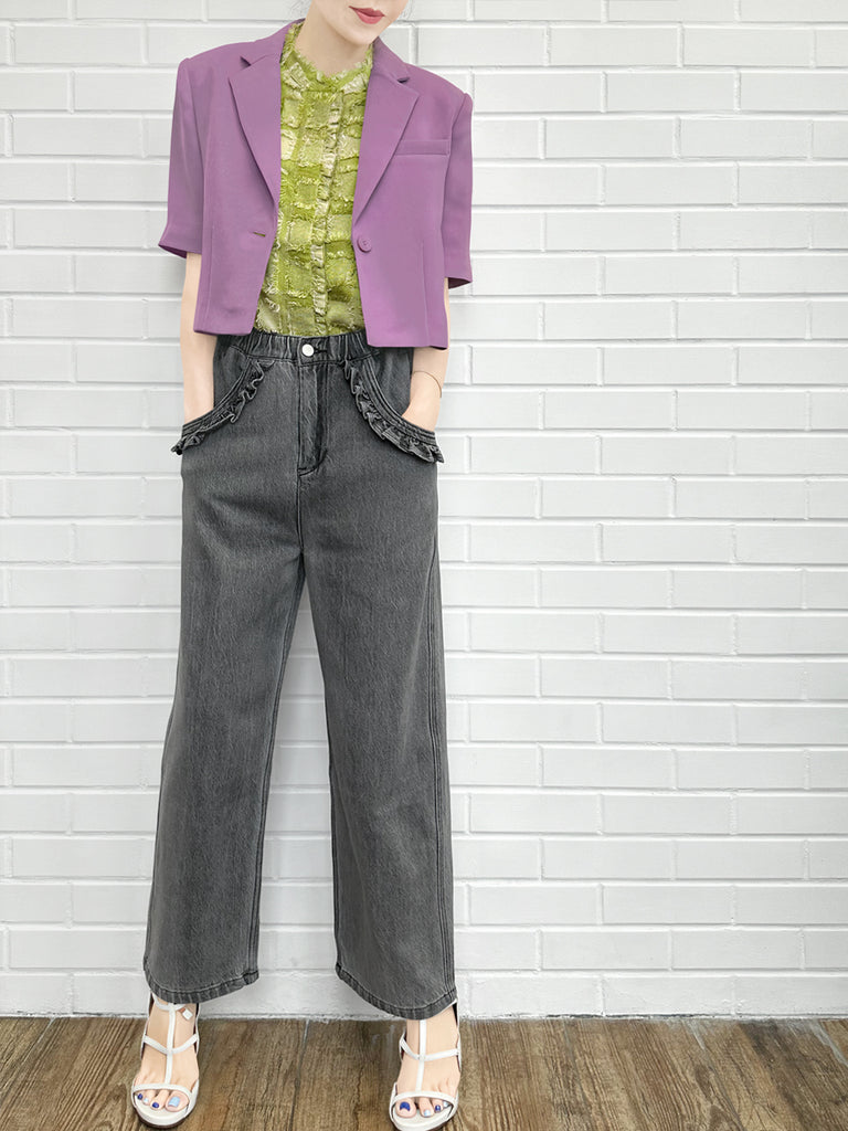 柔和紫色荷葉邊細部強肩短版西裝外套