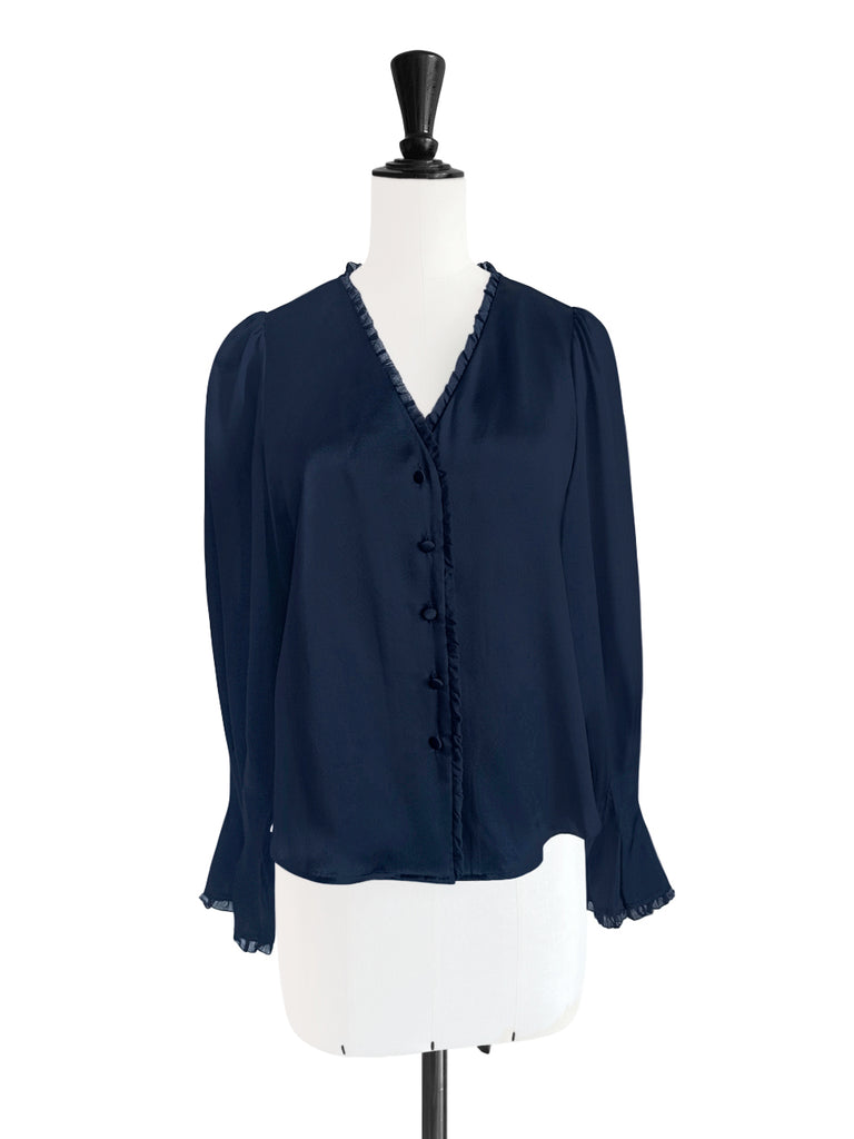 Surprise Sale! Dark Navy Mesh Trimmed Ruffle V-neck Silky Blouse