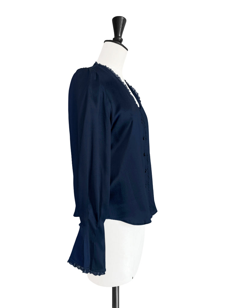 Surprise Sale! Dark Navy Mesh Trimmed Ruffle V-neck Silky Blouse