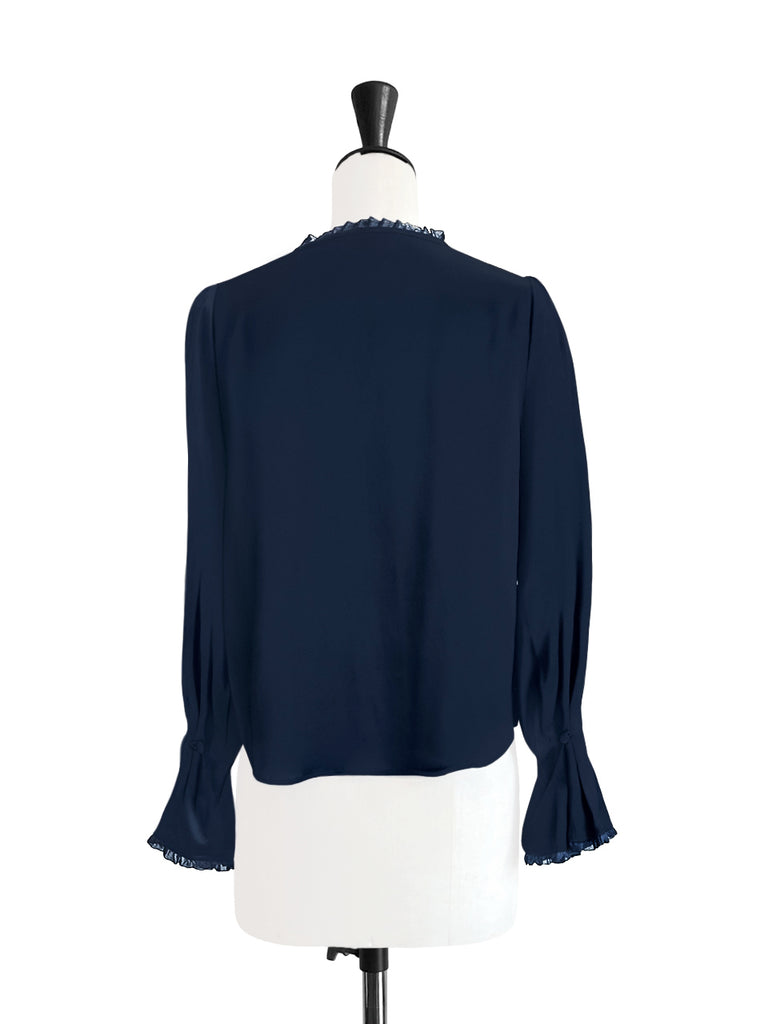 Surprise Sale! Dark Navy Mesh Trimmed Ruffle V-neck Silky Blouse