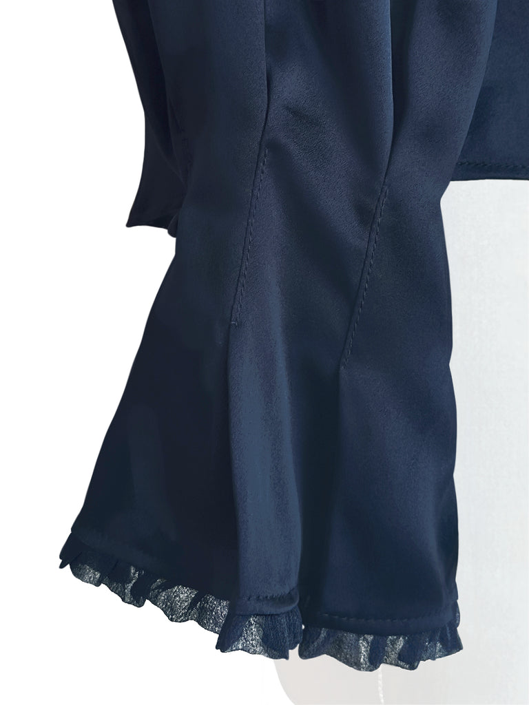 Surprise Sale! Dark Navy Mesh Trimmed Ruffle V-neck Silky Blouse