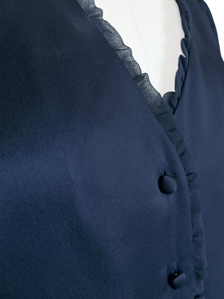 Surprise Sale! Dark Navy Mesh Trimmed Ruffle V-neck Silky Blouse
