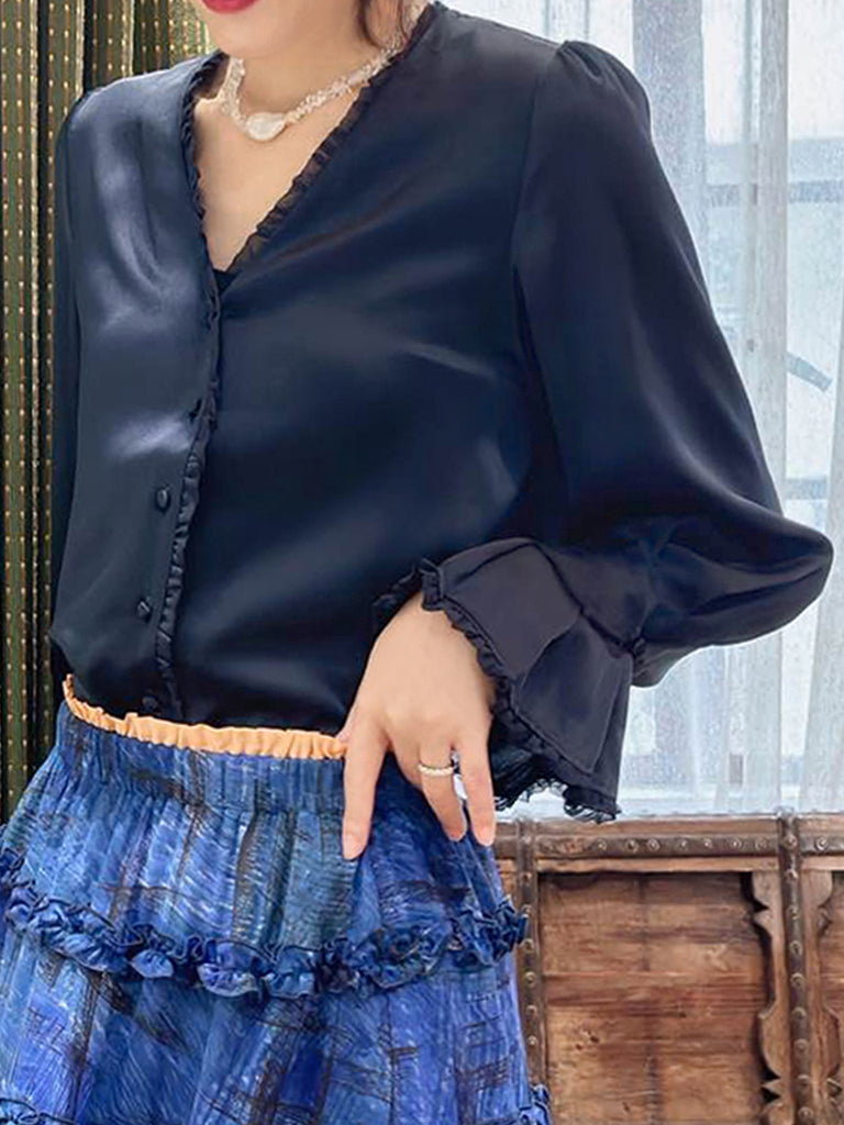 Surprise Sale! Dark Navy Mesh Trimmed Ruffle V-neck Silky Blouse