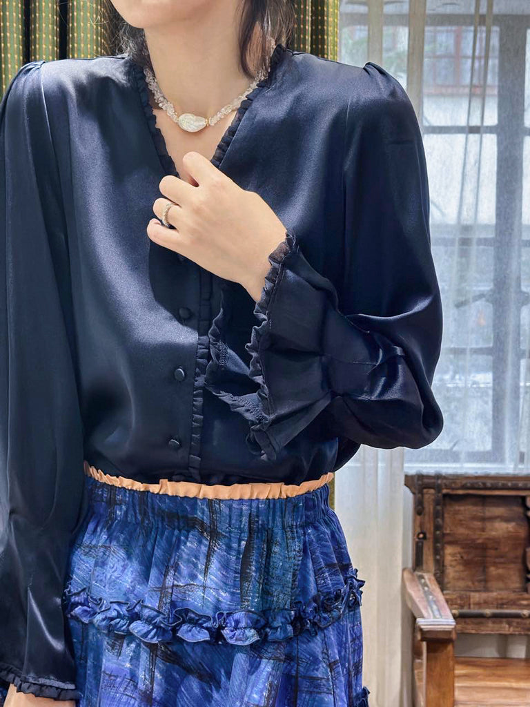 Surprise Sale! Dark Navy Mesh Trimmed Ruffle V-neck Silky Blouse