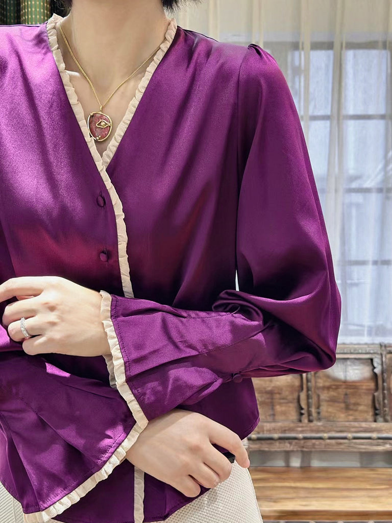 Surprise Sale! Contrast Sangria Mesh Trimmed Ruffle V-neck Silky Blouse