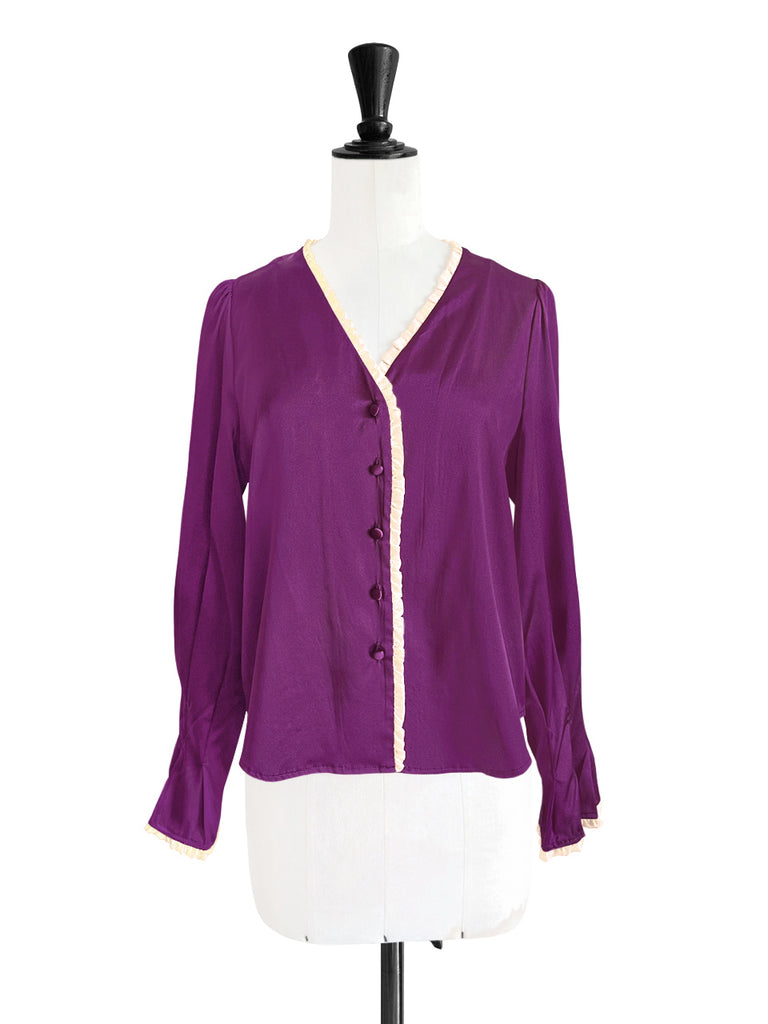 Surprise Sale! Contrast Sangria Mesh Trimmed Ruffle V-neck Silky Blouse