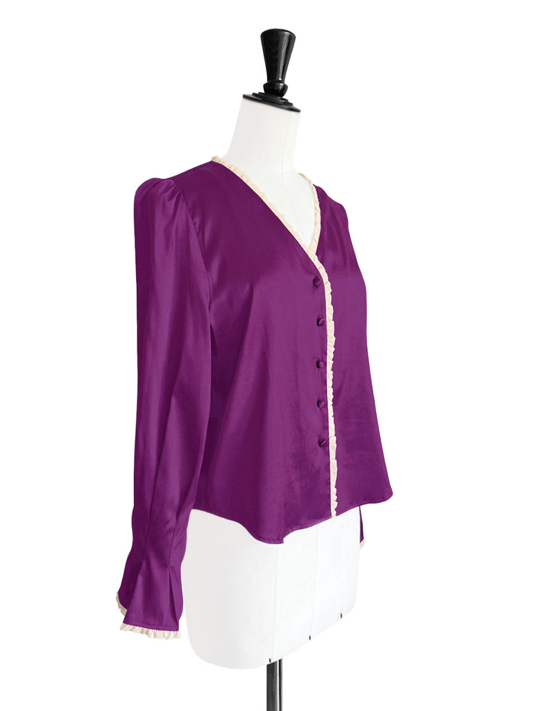 Surprise Sale! Contrast Sangria Mesh Trimmed Ruffle V-neck Silky Blouse