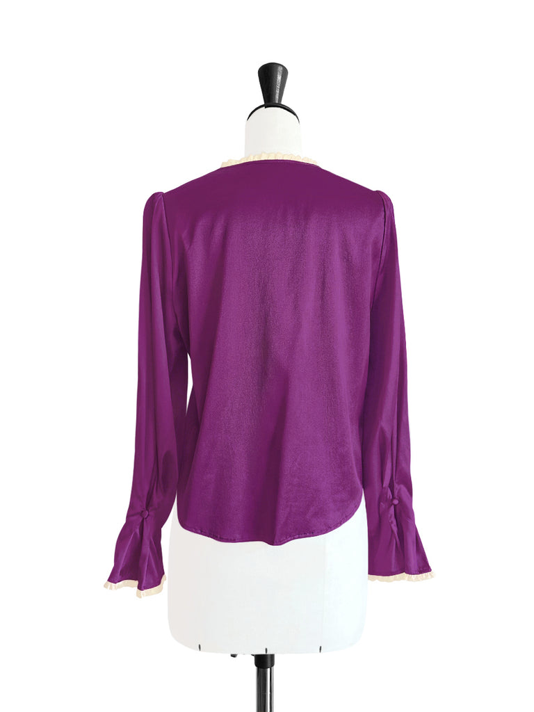 Surprise Sale! Contrast Sangria Mesh Trimmed Ruffle V-neck Silky Blouse