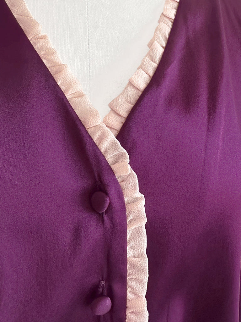 Surprise Sale! Contrast Sangria Mesh Trimmed Ruffle V-neck Silky Blouse