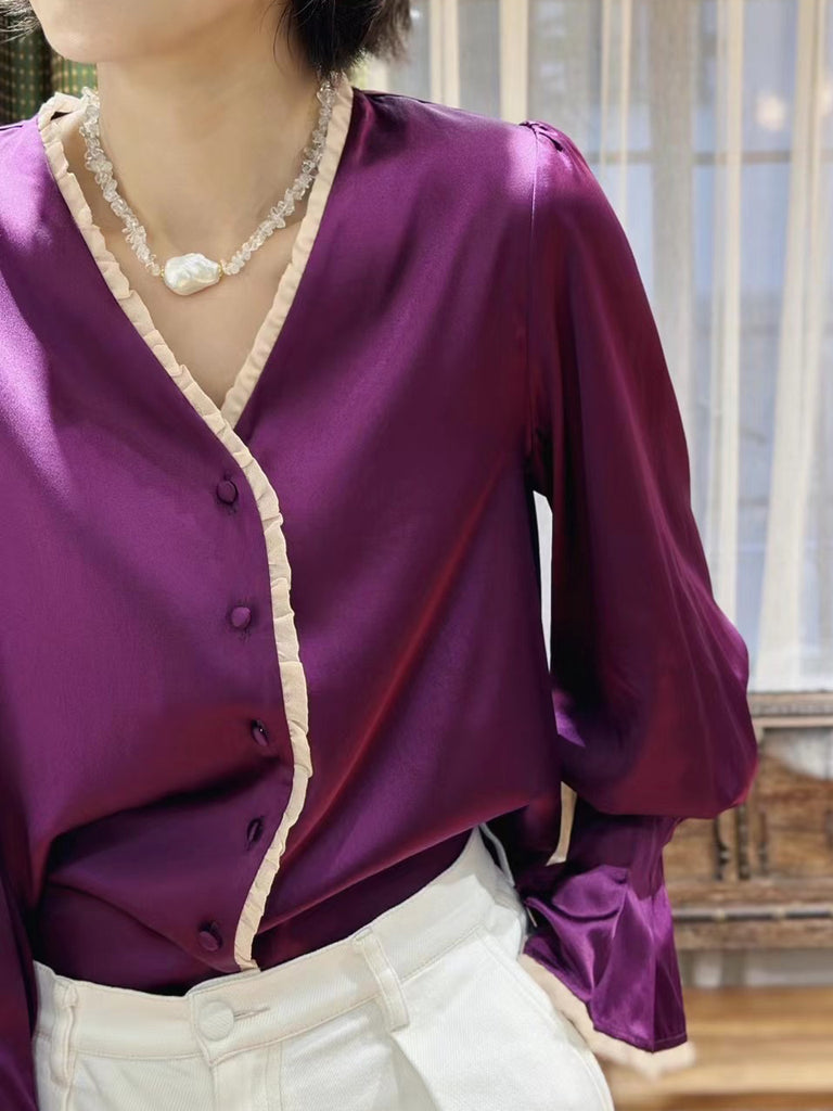 Surprise Sale! Contrast Sangria Mesh Trimmed Ruffle V-neck Silky Blouse