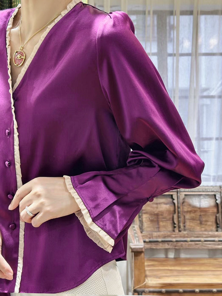 Surprise Sale! Contrast Sangria Mesh Trimmed Ruffle V-neck Silky Blouse