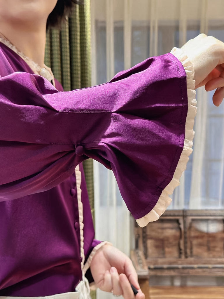 Surprise Sale! Contrast Sangria Mesh Trimmed Ruffle V-neck Silky Blouse