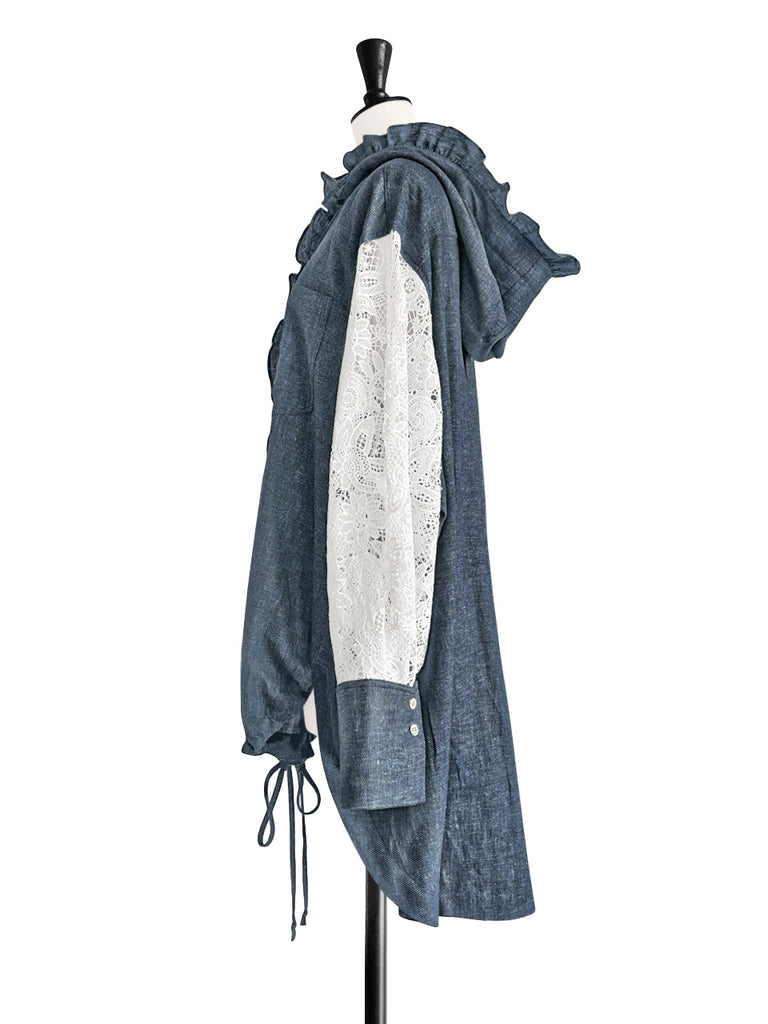 牛仔蕾絲袖荷葉邊派克夾克