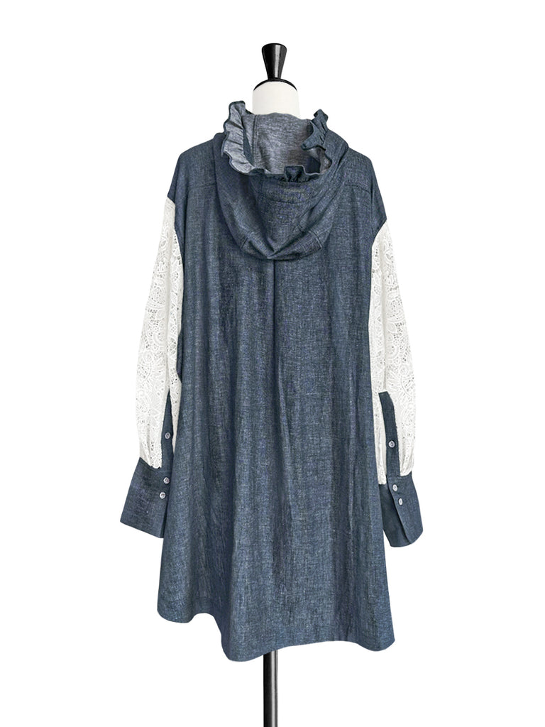 牛仔蕾絲袖荷葉邊派克夾克