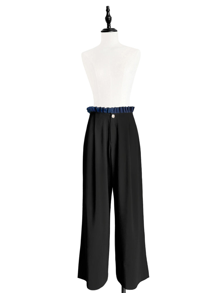 Final Sale! Black/ Navy Contrast Pleated Waist Airy Wide Leg Trousers