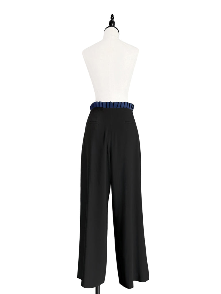 Final Sale! Black/ Navy Contrast Pleated Waist Airy Wide Leg Trousers