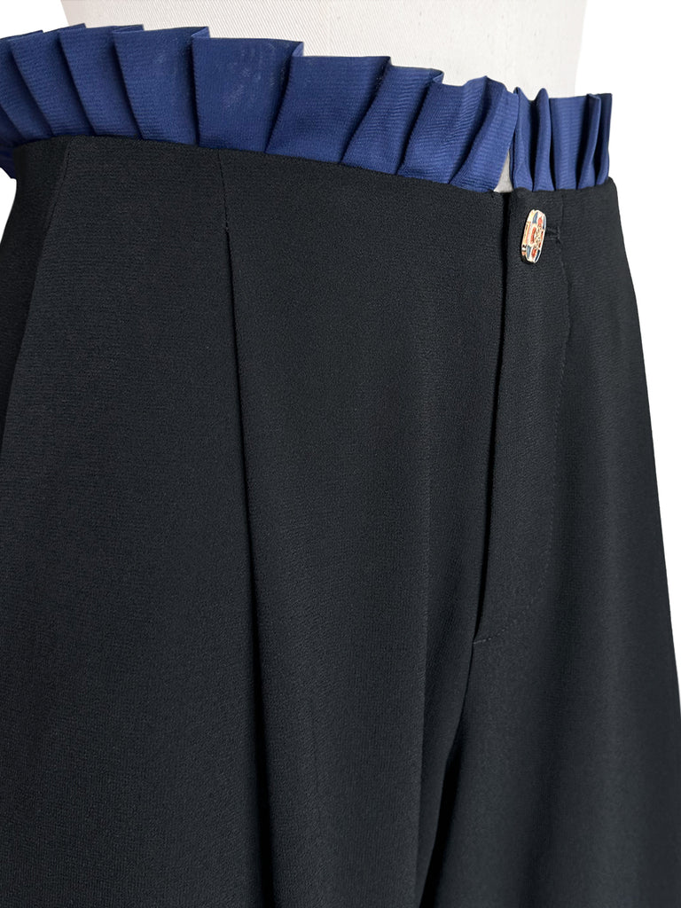 Final Sale! Black/ Navy Contrast Pleated Waist Airy Wide Leg Trousers