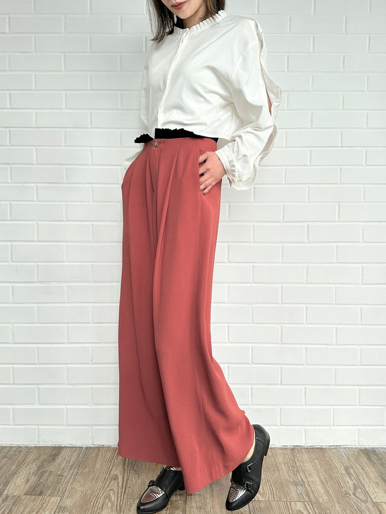 Final Sale! Coral/ Black Contrast Pleated Waist Airy Wide Leg Trousers