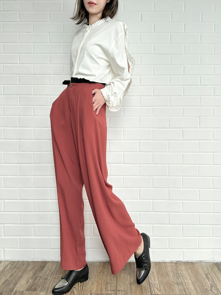 Final Sale! Coral/ Black Contrast Pleated Waist Airy Wide Leg Trousers