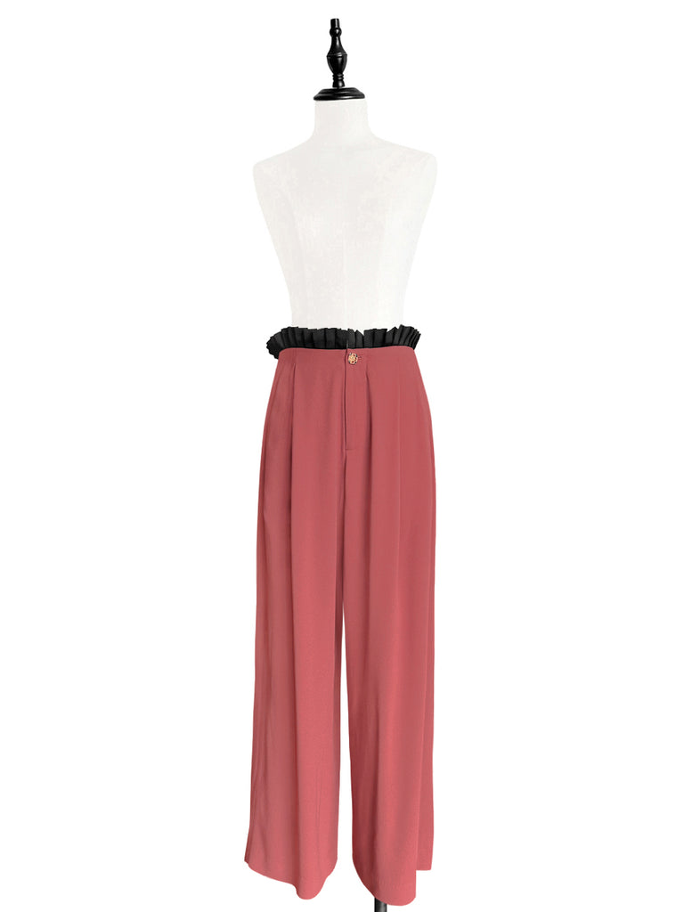 Final Sale! Coral/ Black Contrast Pleated Waist Airy Wide Leg Trousers