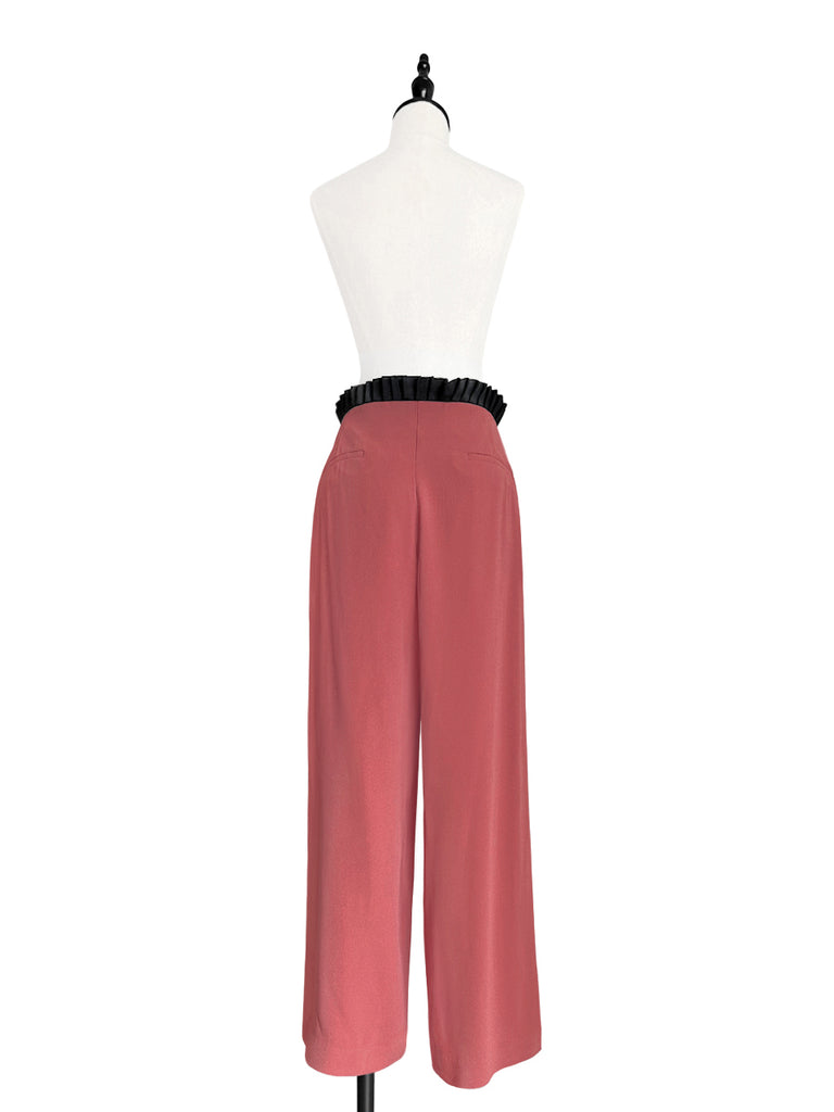 Final Sale! Coral/ Black Contrast Pleated Waist Airy Wide Leg Trousers