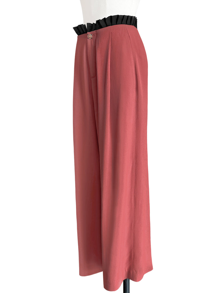 Final Sale! Coral/ Black Contrast Pleated Waist Airy Wide Leg Trousers