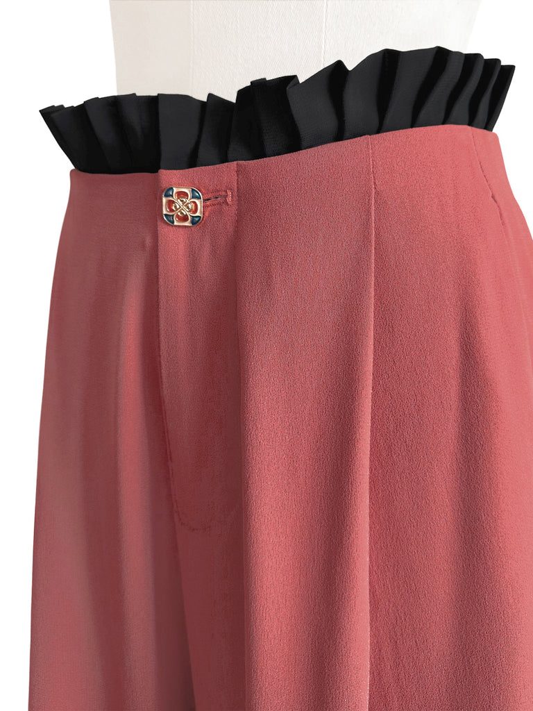 Final Sale! Coral/ Black Contrast Pleated Waist Airy Wide Leg Trousers