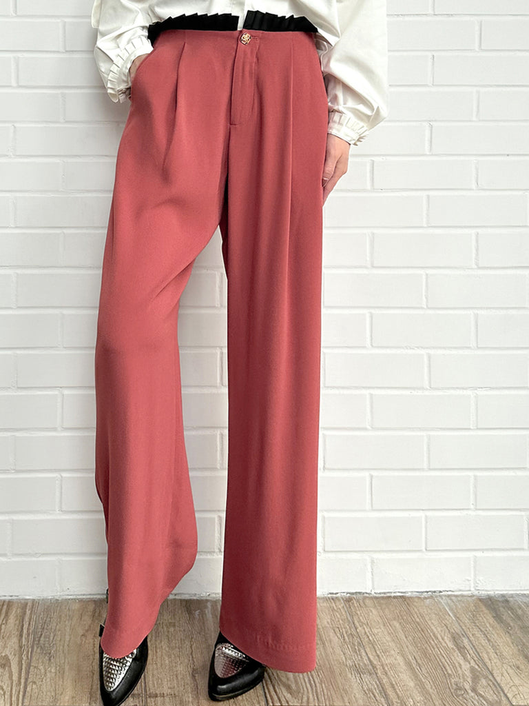 Final Sale! Coral/ Black Contrast Pleated Waist Airy Wide Leg Trousers