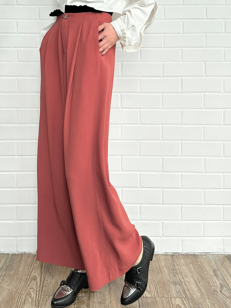 Final Sale! Coral/ Black Contrast Pleated Waist Airy Wide Leg Trousers