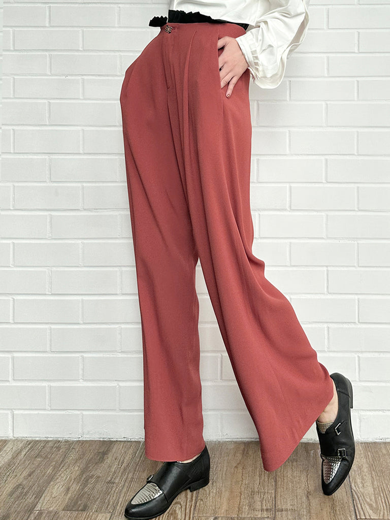 Final Sale! Coral/ Black Contrast Pleated Waist Airy Wide Leg Trousers