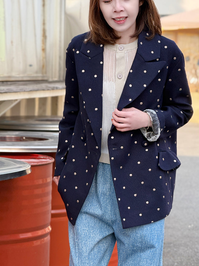 經典黑色落肩寬鬆版荷葉邊羊毛西裝外套