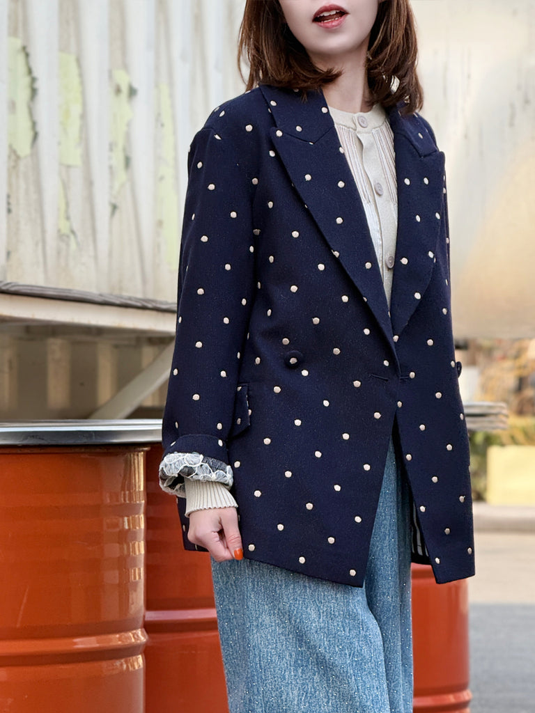 經典黑色落肩寬鬆版荷葉邊羊毛西裝外套