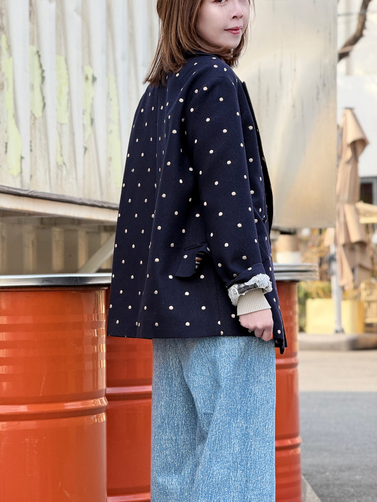 經典黑色落肩寬鬆版荷葉邊羊毛西裝外套