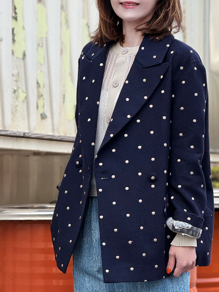 經典黑色落肩寬鬆版荷葉邊羊毛西裝外套