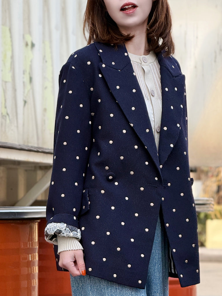 經典黑色落肩寬鬆版荷葉邊羊毛西裝外套