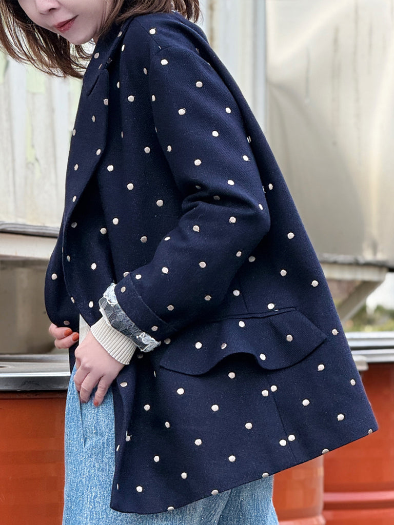 經典黑色落肩寬鬆版荷葉邊羊毛西裝外套