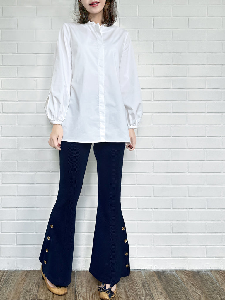 Surprise Sale! White Slits Detailed Balloon Sleeves Ruffled Longline Shirt