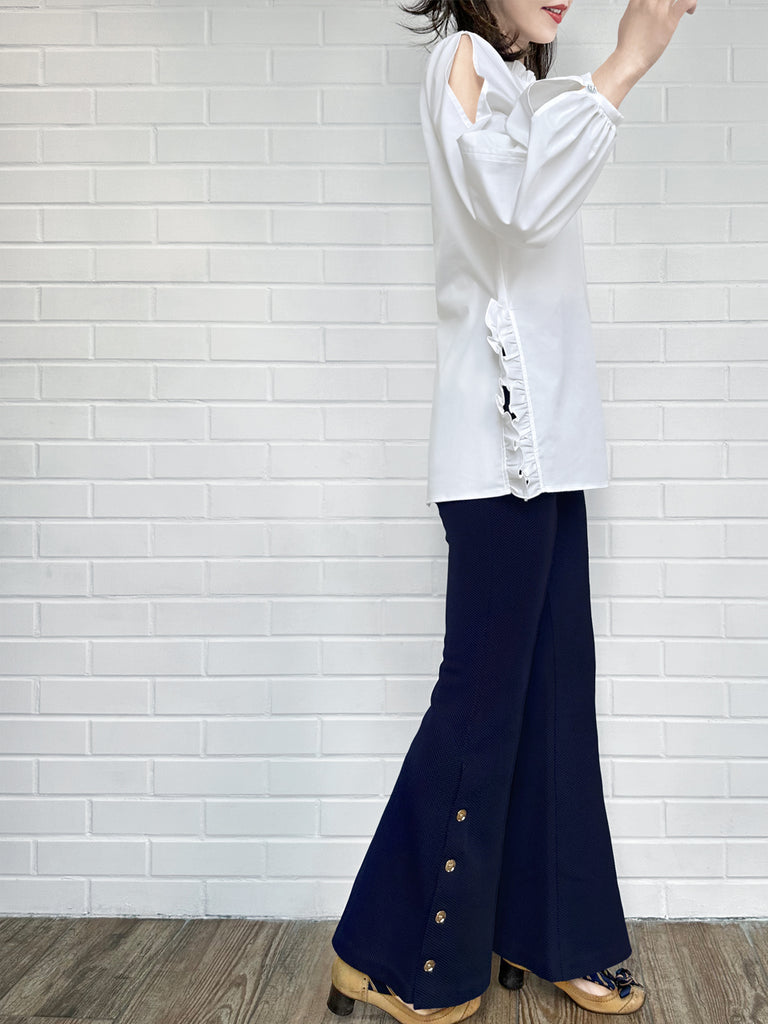 Surprise Sale! White Slits Detailed Balloon Sleeves Ruffled Longline Shirt