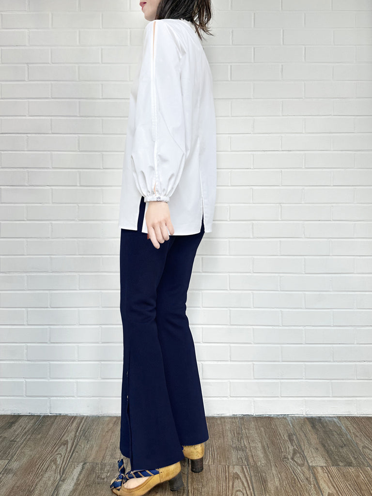 Surprise Sale! White Slits Detailed Balloon Sleeves Ruffled Longline Shirt