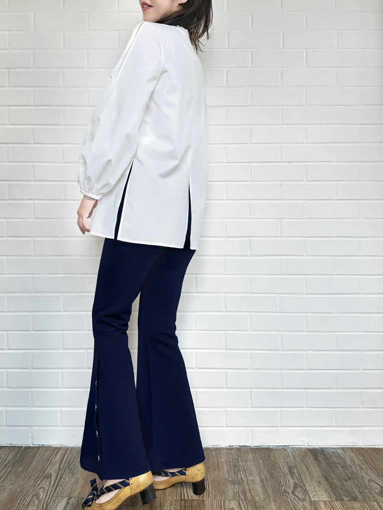 Surprise Sale! White Slits Detailed Balloon Sleeves Ruffled Longline Shirt